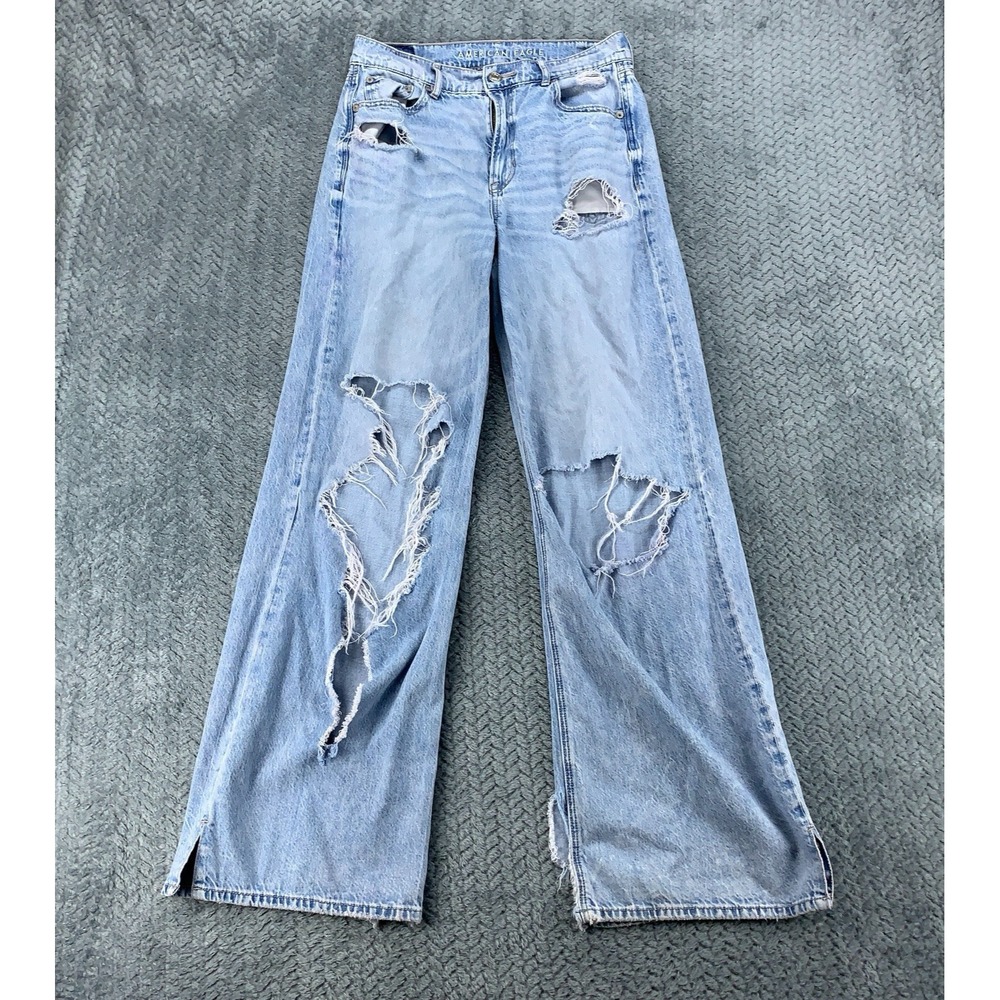 American Eagle Jeans Womens Size 2 28x30 Super High Rise Baggy Wide Leg Distress